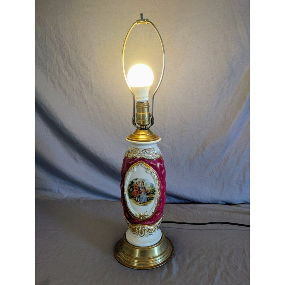 Antique Victorian Hand Painted Porcelain Lamp 24" Tall 7" Base No Shade